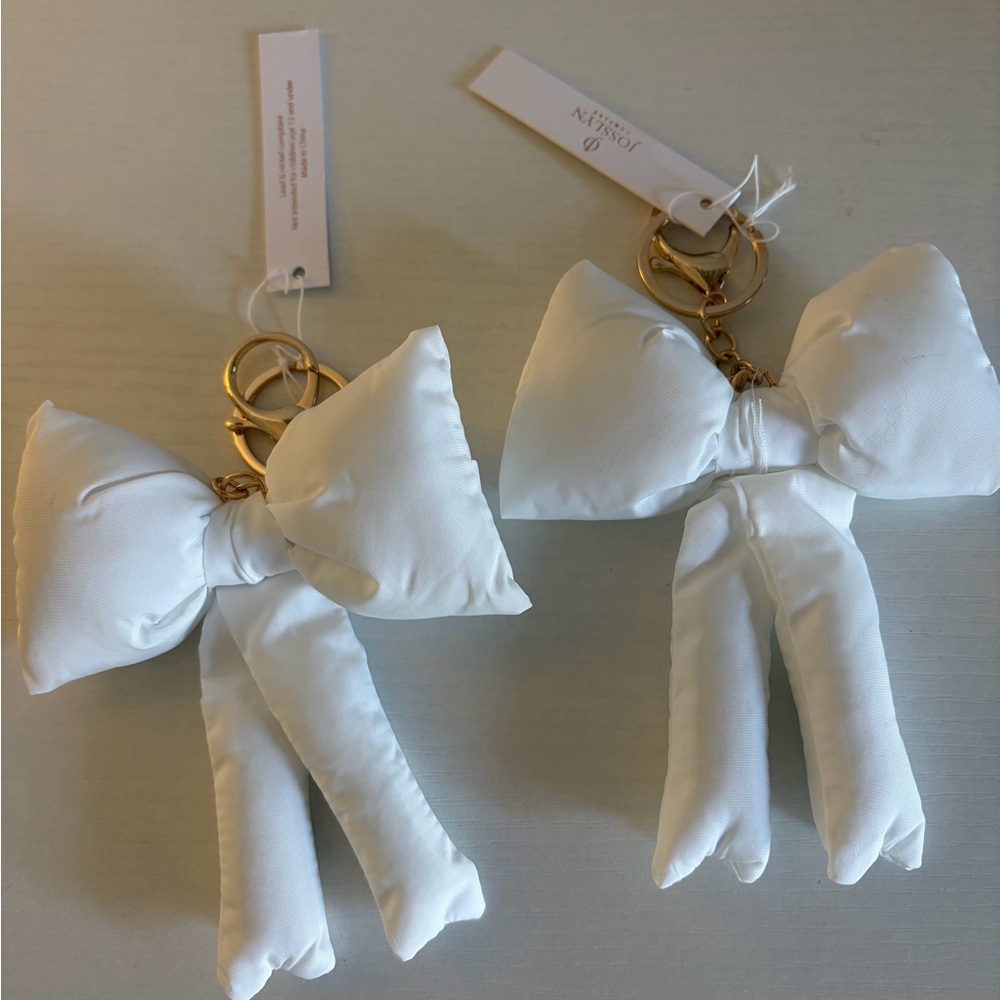 Josslyn White Puffy Bow Keychain/ Purse Charm with Gold Accents x2